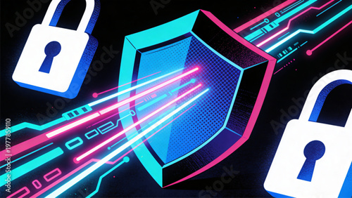 Cyber Security Shield and Padlocks Protecting Data in Pop Art Neon Style