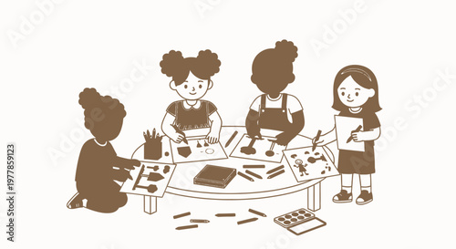 Four women sitting around table with art.