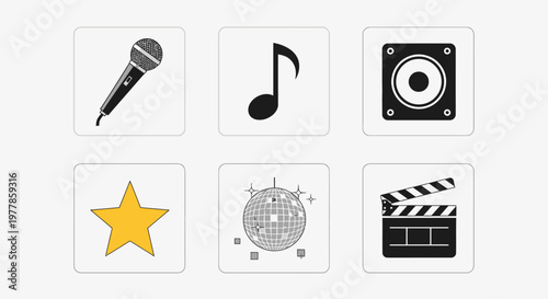 Music and film icons on squares.