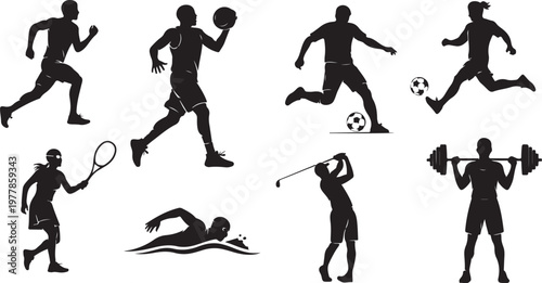 Silhouettes of athletes playing various sports in action poses