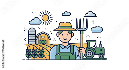 Smiling Farmer Holding Pitchfork Outdoors.