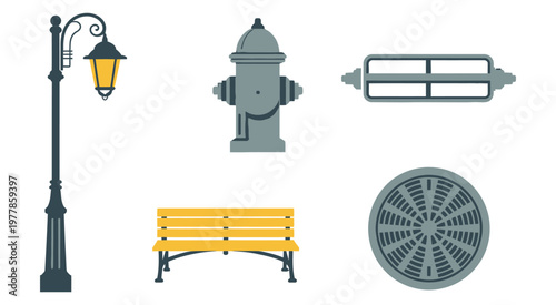 Urban street furniture and infrastructure elements including a lamp post, fire hydrant, benches, and manhole cover, vector illustration set ideal for city planning