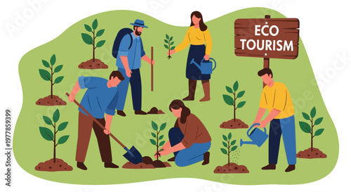 Eco tourism and sustainable travel concept with people planting trees