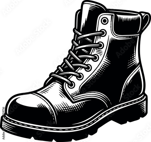 Blackwork illustration of a worker boot with laces