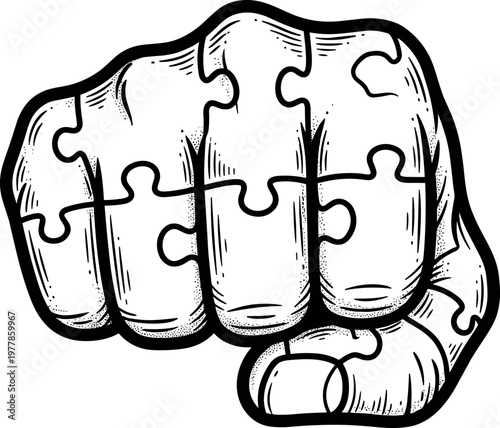 Blackwork tattoo flash of puzzle pieces forming a clenched fist