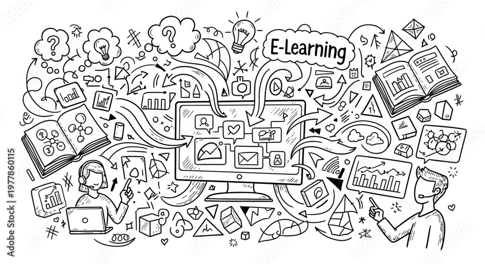 Obraz premium E-learning concept with various educational icons and symbols