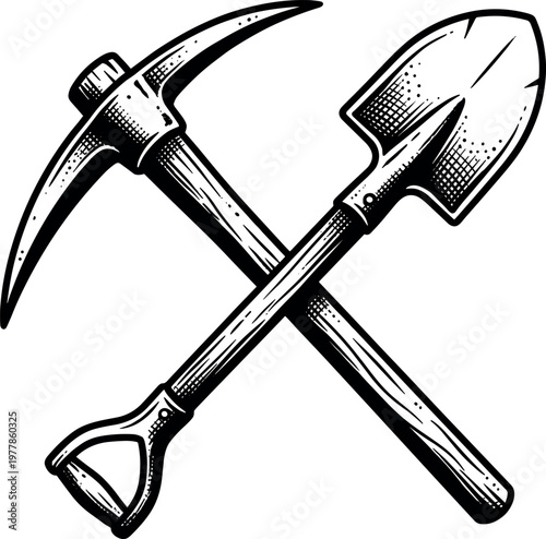 Crossed pickaxe and shovel in bold blackwork tattoo style