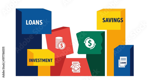 Financial concepts icon set with loans, savings and investment