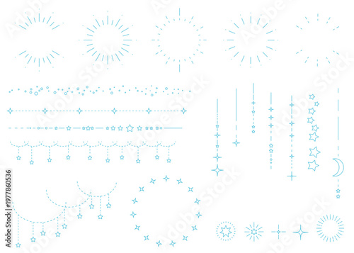 太陽と星空をイメージしたシンプルな飾り罫線・ラインのイラストセット　キラキラ　点　Sunburst
