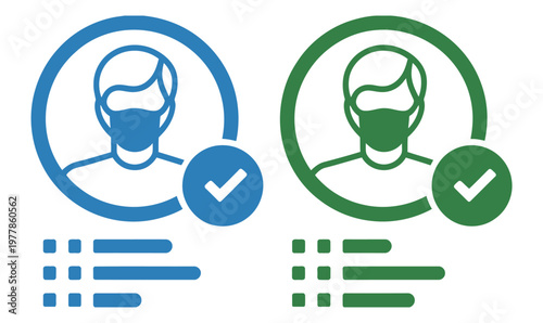 User with mask icons and check mark in circle in black, blue, green, and red, clean flat vector icons suitable for medical