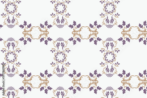 Intricate circular floral medallions arranged in a rhythmic sequence using soft lavender and purple hues for a regal yet gentle feel