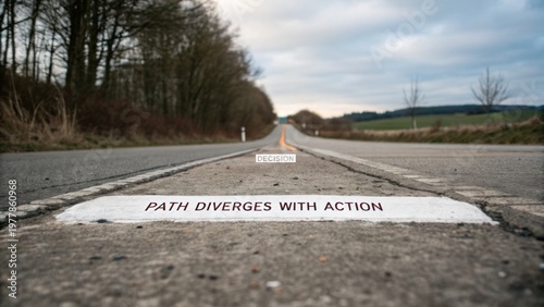 Path Diverges with Action on Open Road Symbolizing Choices and Decisions Secluded Among Trees in a Tranquil Landscape