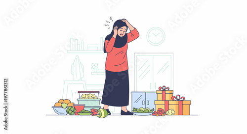 Woman in Hijab Surrounded by Groceries Showing Stressed Expression.