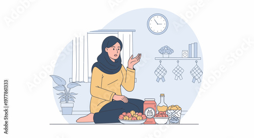 Woman In Hijab Preparing Traditional Food Offerings At Home.