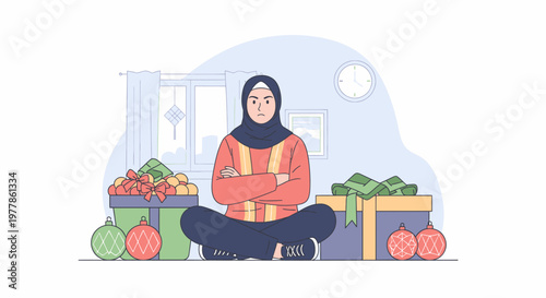 Woman in hijab sitting among fruit baskets.