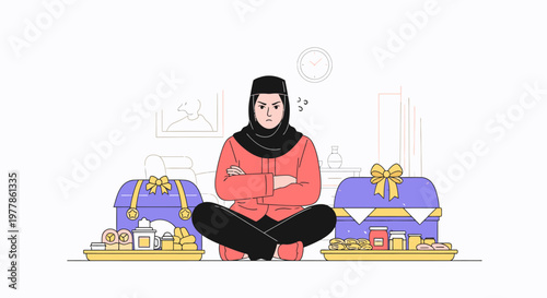 Woman in hijab sitting among gifts and presents.