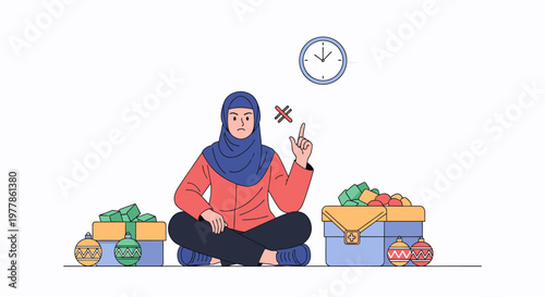 Woman in hijab sitting with groceries illustration.