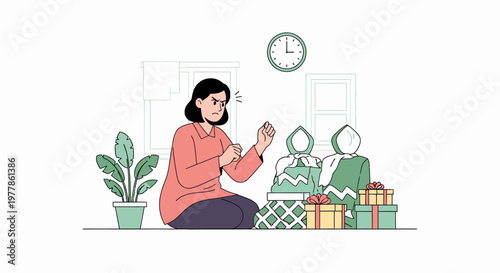 Woman presenting birthday gifts seated indoors.