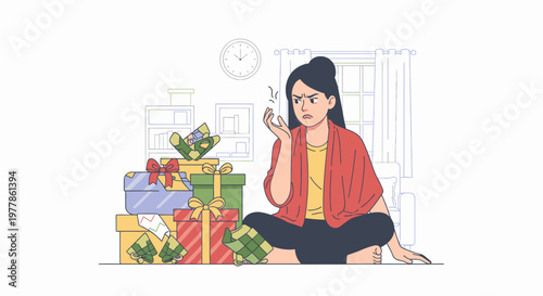 Woman Sitting with Gift Boxes in a Cozy Celebration.