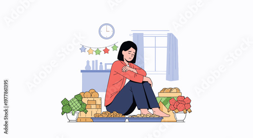 Woman sitting with groceries in a store scene.