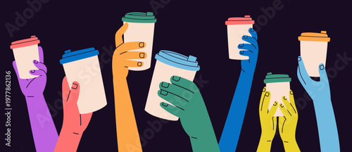 Flat vector illustration of diverse hands holding takeaway coffee cups in a toast gesture. Ideal for cafe branding, community, social, lifestyle content, coworking, and social gathering themes.