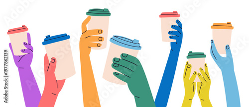 Flat vector illustration of diverse hands holding takeaway coffee cups in a toast gesture. Ideal for cafe branding, community, social, lifestyle content, coworking, and social gathering themes.