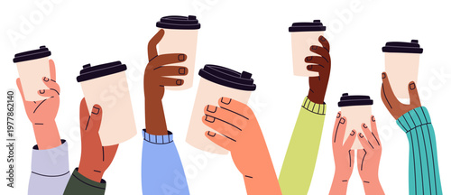 Flat vector illustration of diverse hands raising takeaway coffee cups in a cheers gesture. Perfect for cafe branding, coworking culture, lifestyle content, and community campaigns.