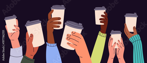 Flat vector illustration of diverse hands raising takeaway coffee cups in a cheers gesture. Perfect for cafe branding, coworking culture, lifestyle content, and community campaigns.