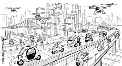 Futuristic cityscape with self-driving cars and drones