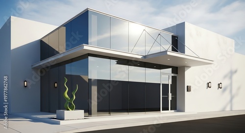 Modern architectural building with glass facade and minimalist design.