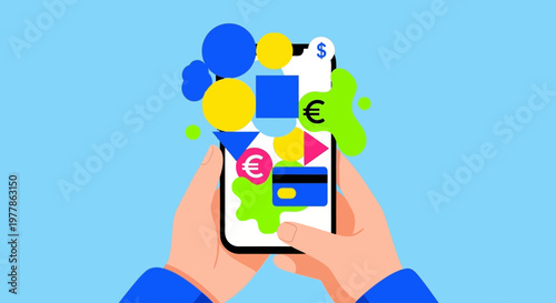 Hands holding a smartphone with colorful finance and technology icons