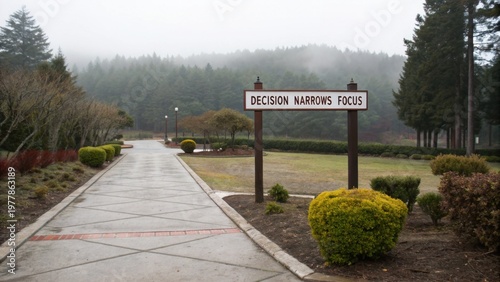 Serene Pathway with Decision Narrows Focus Sign in a Misty Forest Setting Surrounded by Lush Greenery and Fog