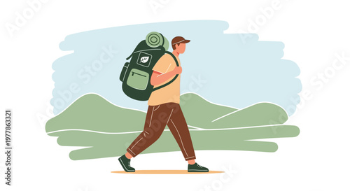 Hiker with backpack walking on mountain trail