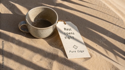 Serenity in Nature's Embrace with Coffee Cup and Tag on Soft Sandy Surface Under Gentle Sunlight and Shadow Play