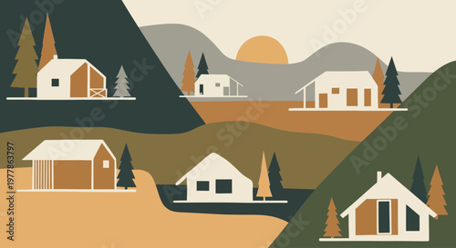 Illustration of houses on a hillside at sunset