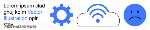 Technology, communication, emotions, internet services, digital systems, and workflow processes. Gear, cloud with wireless signal and sad face. Technology and communication concept through icons