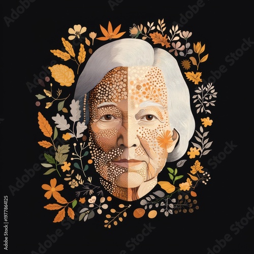 Elderly woman portrait glowing dots front view illustration serene environment artistic expression