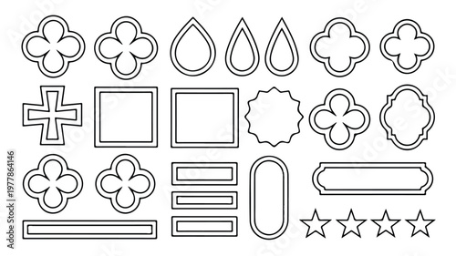A black and white line drawing of various shapes and symbols.