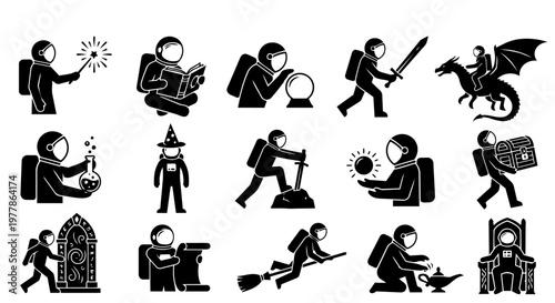 A set of  silhouettes depicting an astronaut character engaged in various fantasy and adventure activities, including magic, dragons, quests, and discovery, in a black and white style.