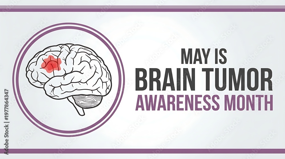 Fototapeta premium May is brain tumor awareness month graphic illustration with brain symbol and text on clean white background and purple borders.