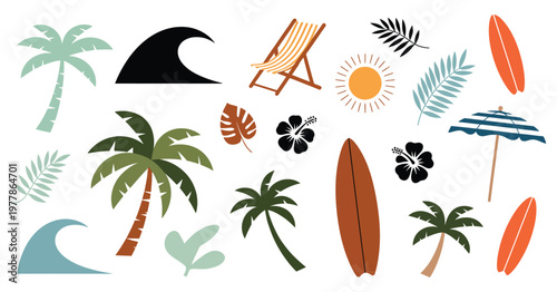Vibrant tropical beach elements collection featuring palm trees, surfboards, waves, sun, and beach chair, playful vector artwork ideal for holiday graphics