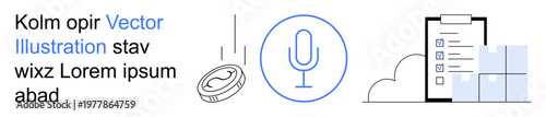 Audio technology, digital currency, productivity tools, mobile applications, logistics, e-commerce. Microphone icon, falling coin checklist on a tablet cloud boxes. Audio technology and digital
