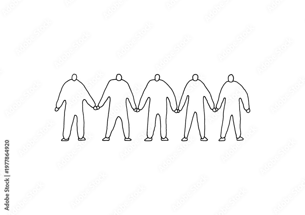 Obraz premium 手を繋いでいる5人の人物の手描きイラスト（線画）