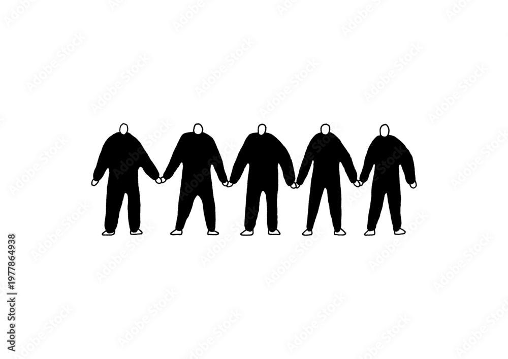 Obraz premium 手を繋いでいる5人の人物の手描きイラスト（黒）
