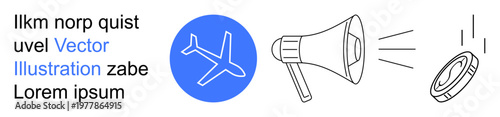 Travel, communication, advertising, promotion, aviation, finances. Blue airplane symbol, loudspeaker and coin graphic. Travel and communication concept with clear visuals of airplane and megaphone