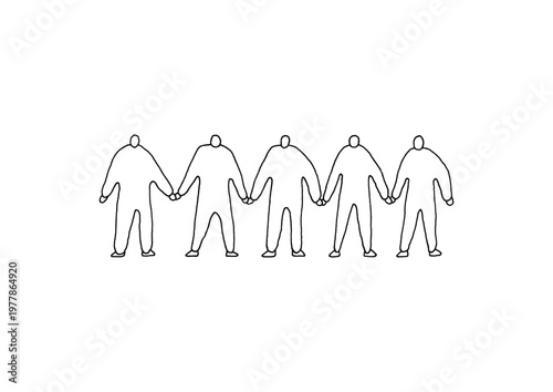 手を繋いでいる5人の人物の手描きイラスト（線画）