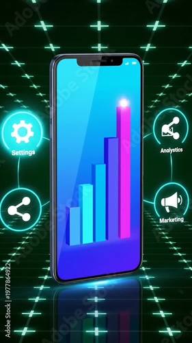 A digital smartphone screen displays a glowing bar chart with various business icons on a dark background