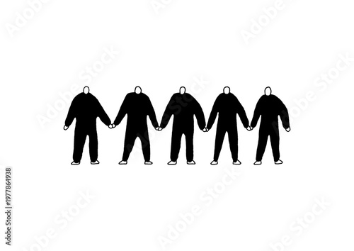 手を繋いでいる5人の人物の手描きイラスト（黒）