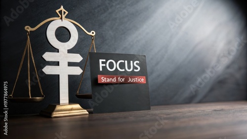 Symbolic representation of balance and justice featuring scales, equality emblem, and motivational message for social change