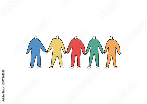 手を繋いでいる5人の人物の手描きイラスト（カラフル）